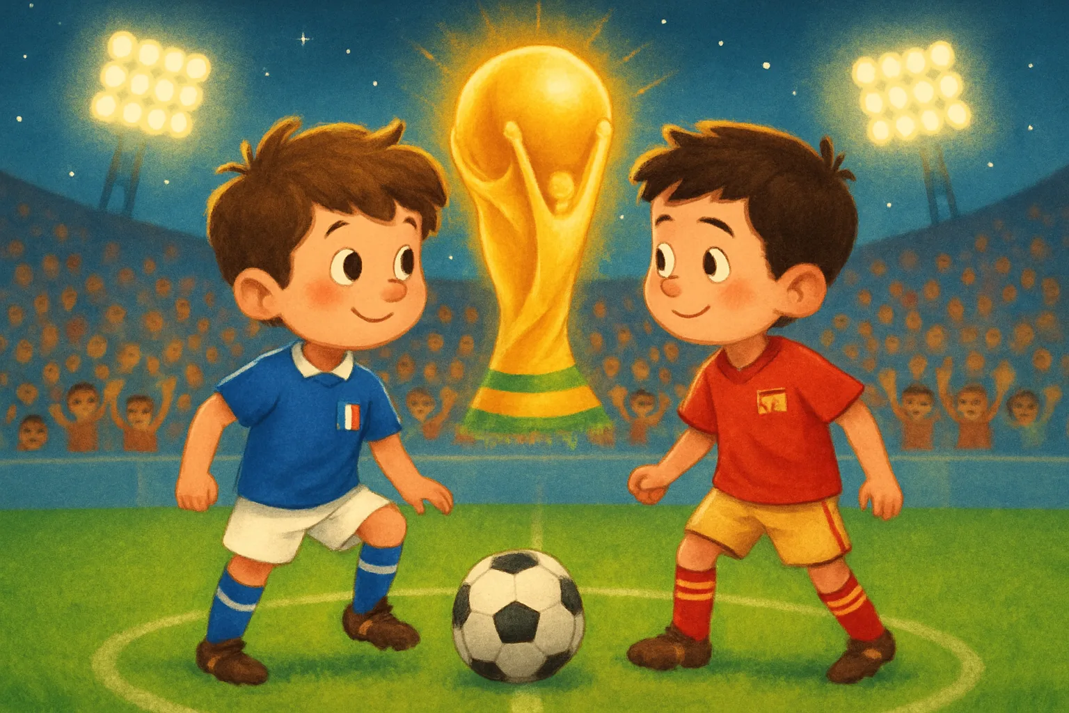 Two soccer players in French blue and Spanish red jerseys face off on a World Cup field