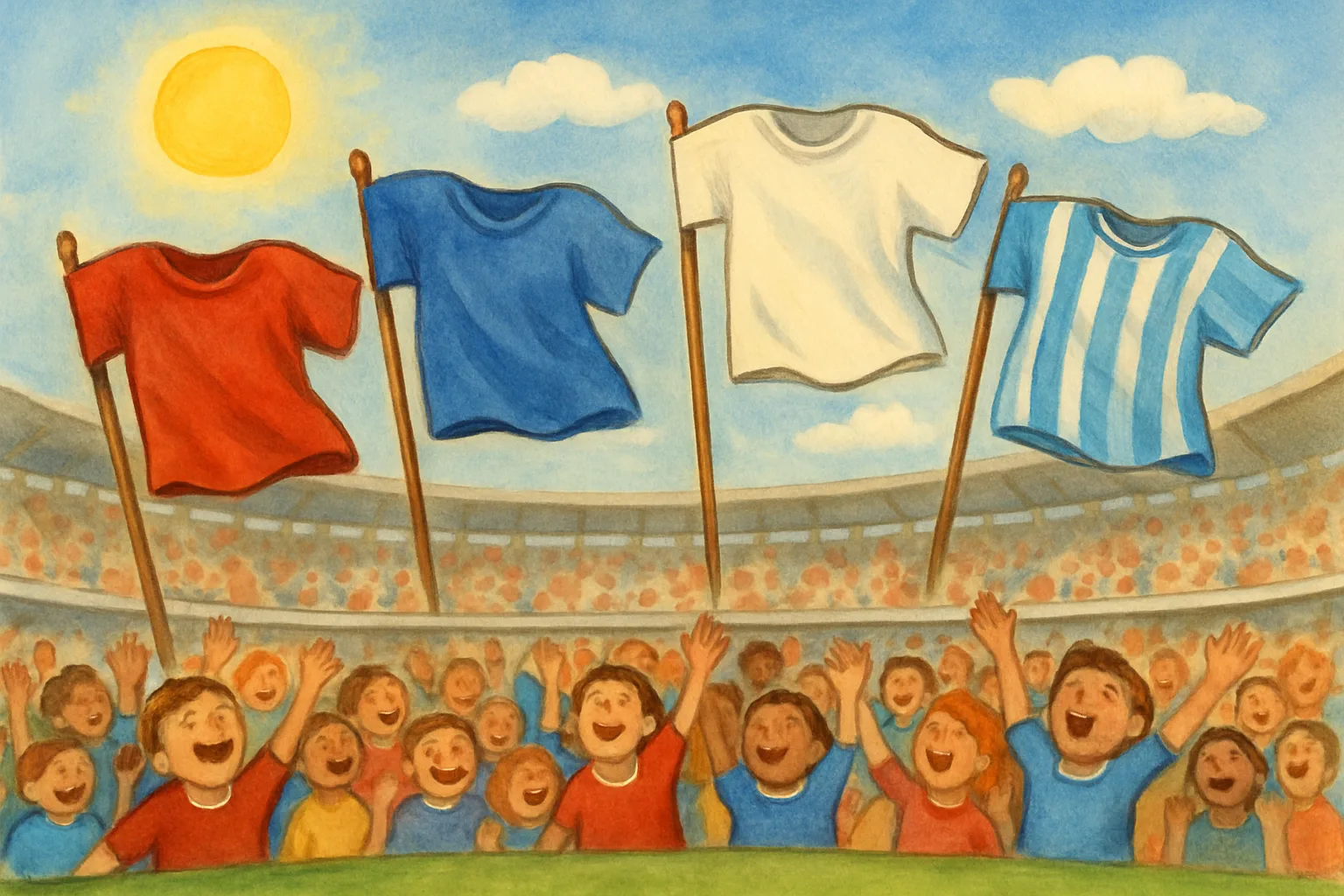 Four soccer jerseys representing France, Spain, England and Argentina flying above a cheering stadium crowd