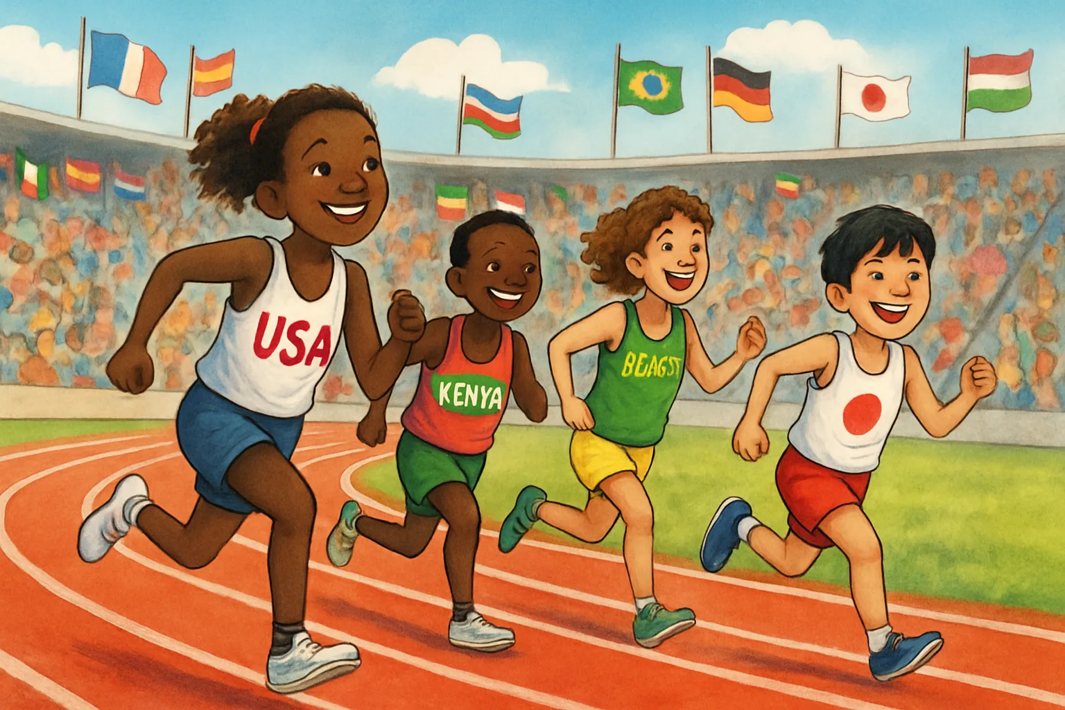Young athletes from around the world racing on a track at the World U20 Athletics Championships in Eugene