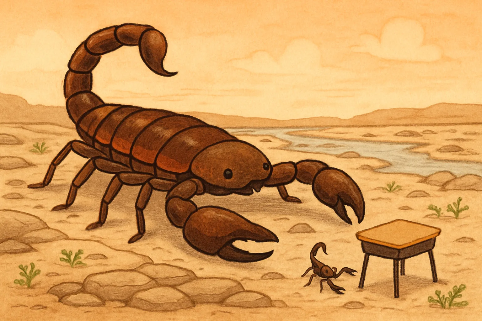 Illustrated giant ancient scorpion as big as a desk walking across a rocky prehistoric landscape with tiny plants and a size comparison to a tiny modern scorpion