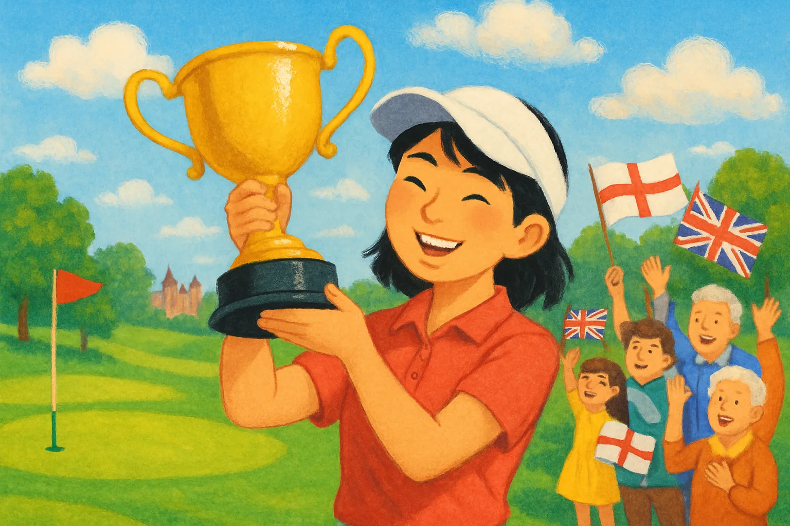 Miyu Yamashita lifting the AIG Women's Open trophy at Royal Lytham & St Annes golf course